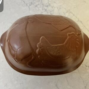 Vintage Glazed Terra Cotta Clay Baking Oven w/ Lid Chicken Fish Beef 12" L 8" W